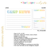 Rainbow Camp News Summer Camping Note Cards Stationery • Fill in Blank, Lined or Blank Cards