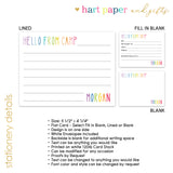 Rainbow Hello from Camp Summer Camping Note Cards Stationery • Fill in Blank, Lined or Blank Cards