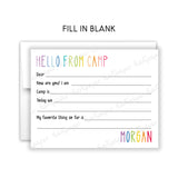 Rainbow Hello from Camp Summer Camping Note Cards Stationery • Fill in Blank, Lined or Blank Cards