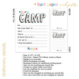 Rainbow Hello from Camp Summer Camping Note Cards Stationery • Fill in Blank, Lined or Blank Cards