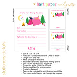 Pink Tent Summer Camp Camping Note Cards Stationery • Fill in Blank, Lined or Blank Cards