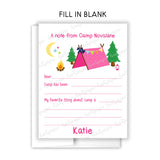 Pink Tent Summer Camp Camping Note Cards Stationery • Fill in Blank, Lined or Blank Cards