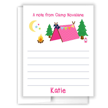Pink Tent Summer Camp Camping Note Cards Stationery • Fill in Blank, Lined or Blank Cards