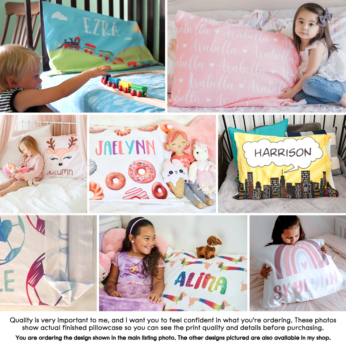 The image is a collage of various photos showcasing personalized pillows and bedding items, including a child playing with a toy train, a child sitting on a bed with a personalized pillow, and a child sitting on a bed with a personalized pillow. The collage emphasizes the importance of quality and confidence in purchasing personalized items, as the photos demonstrate the print quality and details before making a purchase.