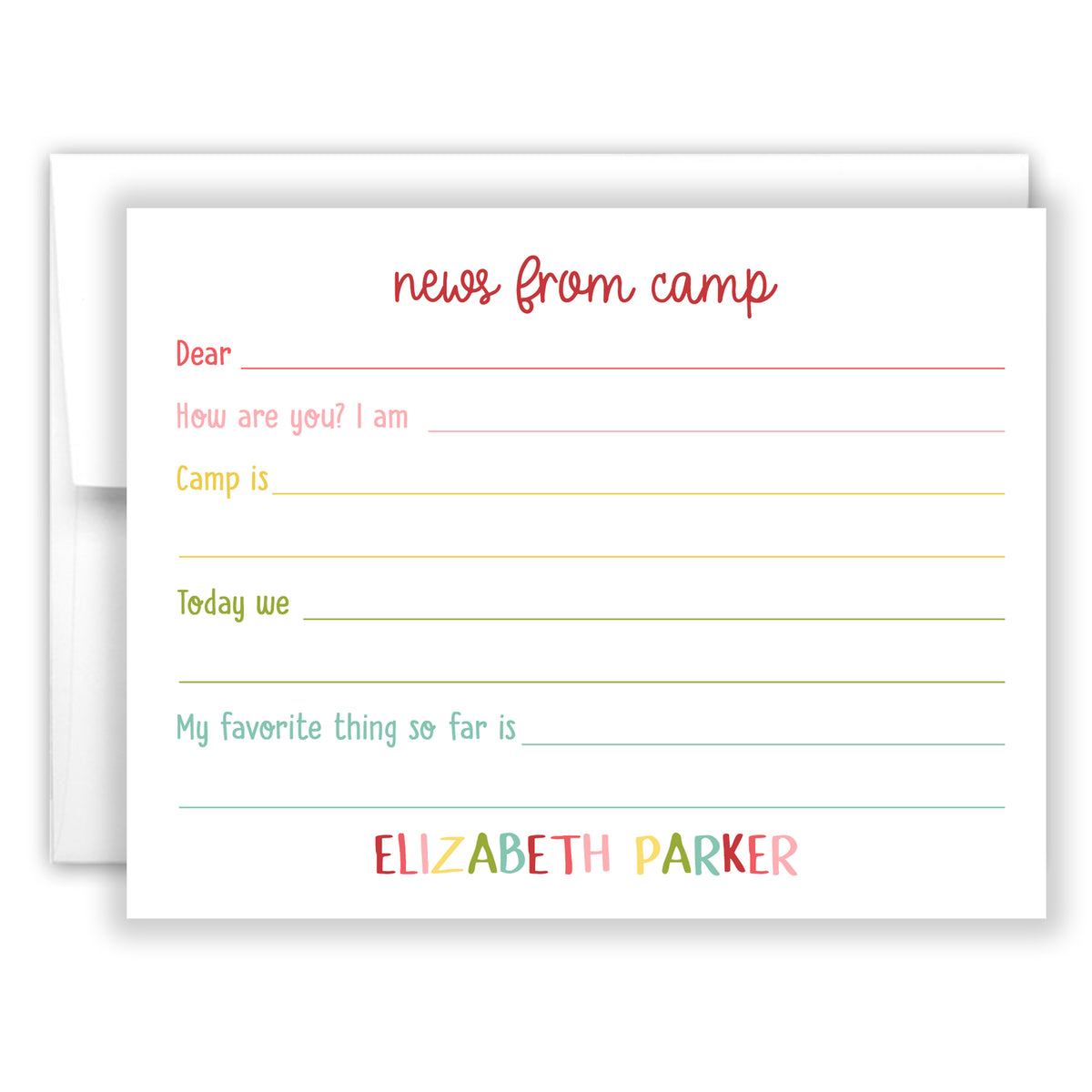 Rainbow News from Camp Summer Camping Note Cards Stationery • Fill in Blank, Lined or Blank Cards