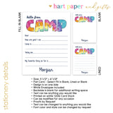 Rainbow Tie Dye Summer Camp Camping Note Cards Stationery • Fill in Blank, Lined or Blank Cards