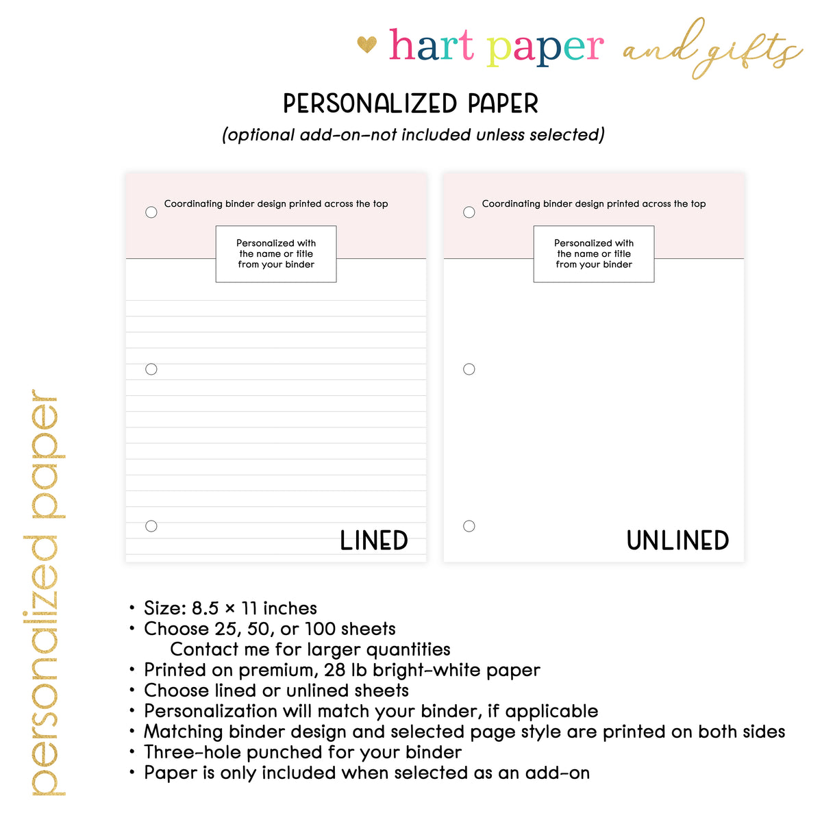 The image is a page from a book or a printed document, featuring a personalized paper with customizable options for size, paper type, and design.