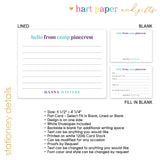 Blue Purple Hello from Camp Summer Camping Note Cards Stationery • Fill in Blank, Lined or Blank Cards