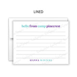 Blue Purple Hello from Camp Summer Camping Note Cards Stationery • Fill in Blank, Lined or Blank Cards