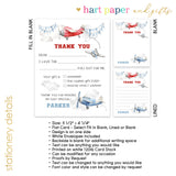 Airplane Thank You Note Card Stationery • Fill in Blank, Lined or Blank Cards
