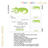 Alligator Thank You Note Card Stationery • Fill in Blank, Lined or Blank Cards