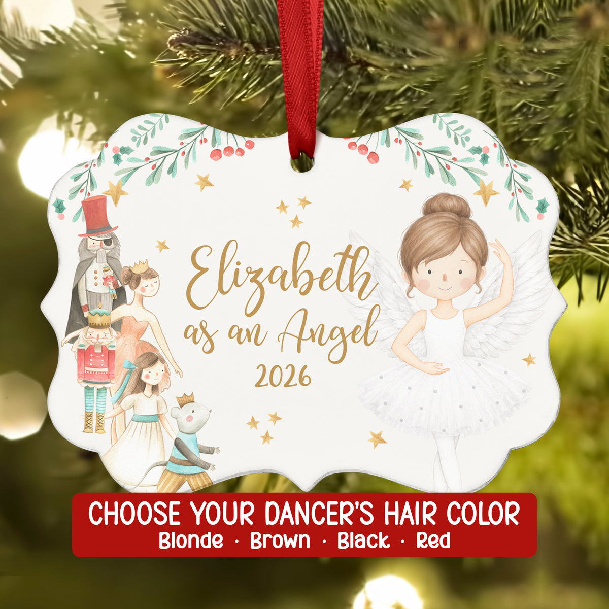 Angel Nutcracker Christmas Ornament Personalized Custom Holiday Decor Gift Girl Ballerina Ballet Watercolor