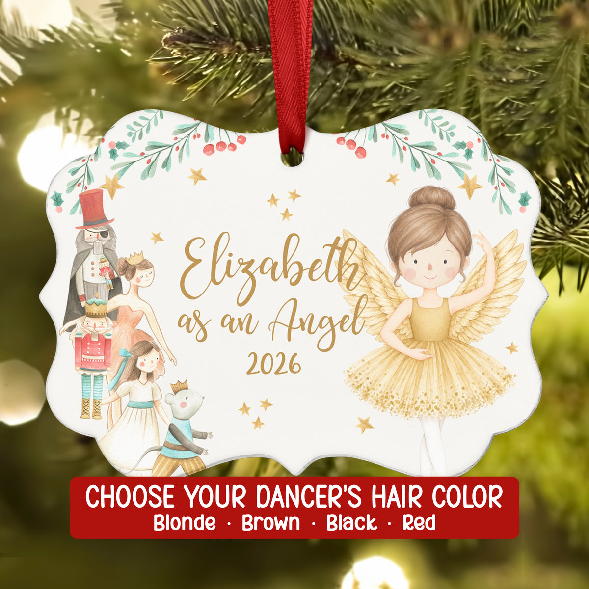 Gold Angel Nutcracker Christmas Ornament Personalized Custom Holiday Decor Gift Girl Ballerina Ballet Watercolor