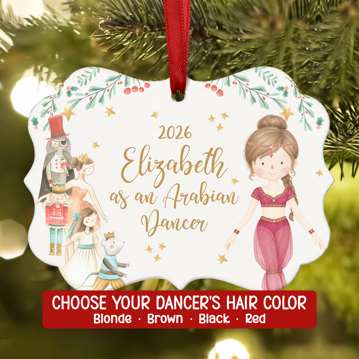 Arabian Nutcracker Christmas Ornament Personalized Custom Holiday Decor Gift Girl Ballerina Ballet Watercolor