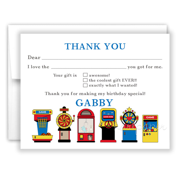 Arcade Thank You Note Card Stationery • Fill in Blank, Lined or Blank Cards