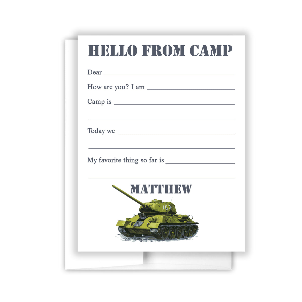 Army Tank Summer Camp Camping Note Cards Stationery Custom Personalized • Fill in Blank, Lined or Blank Cards