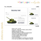 Army Tank Thank You Note Card Stationery • Fill in Blank, Lined or Blank Cards