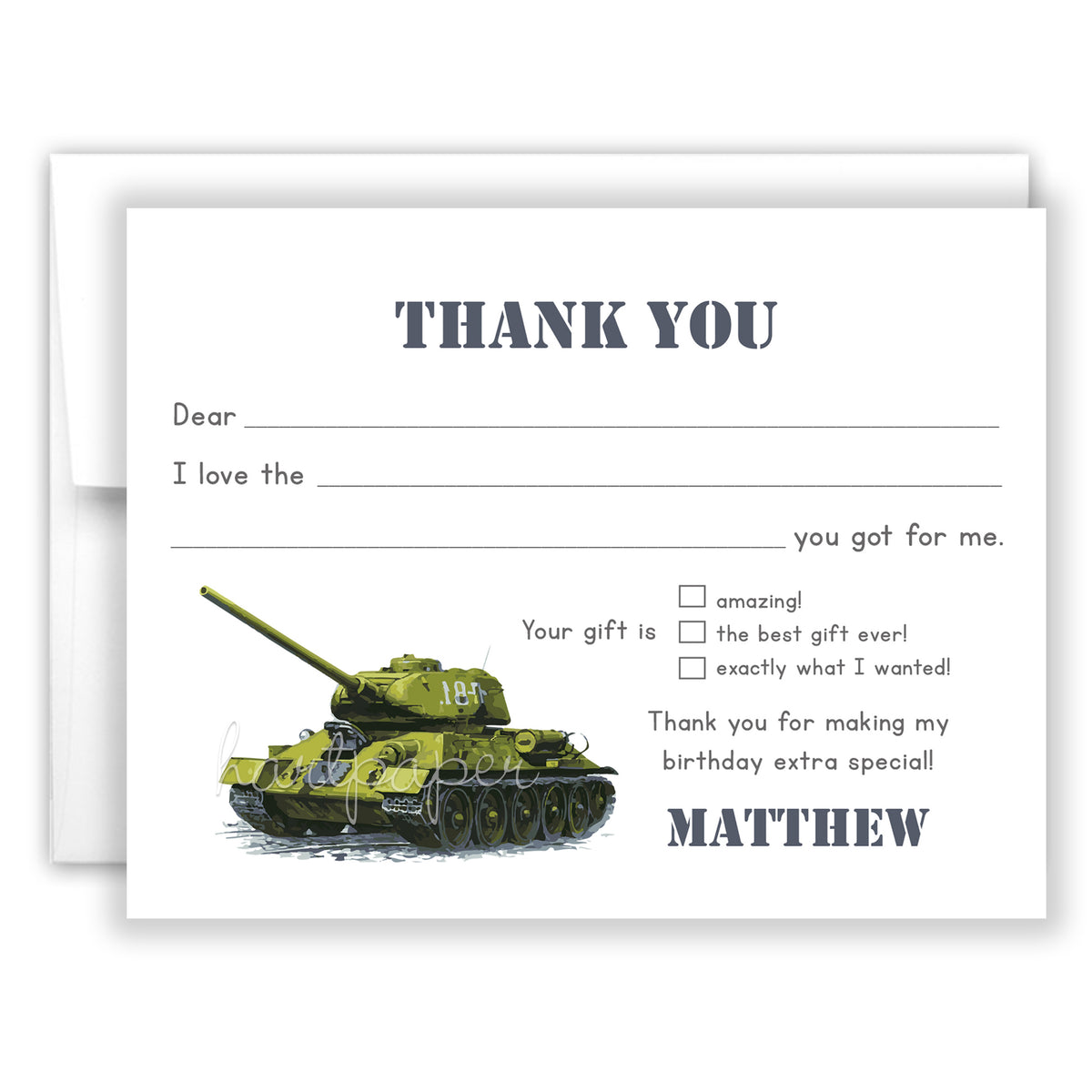 Army Tank Thank You Note Card Personalized Custom Stationery • Fill in Blank, Lined or Blank Cards