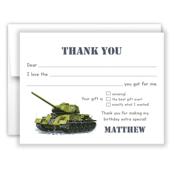 Army Tank Thank You Note Card Stationery • Fill in Blank, Lined or Blank Cards