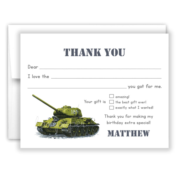 Army Tank Thank You Note Card Stationery • Fill in Blank, Lined or Blank Cards
