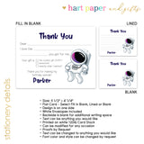 Astronaut Thank You Note Card Stationery • Fill in Blank, Lined or Blank Cards