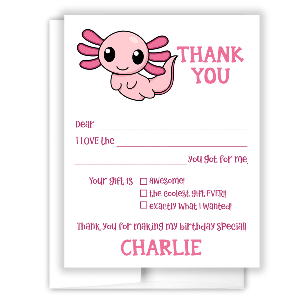 Axolotl Thank You Note Card Personalized Custom Stationery • Fill in Blank, Lined or Blank Cards