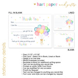 Rainbow Balloons Thank You Note Card Stationery • Fill in Blank, Lined or Blank Cards