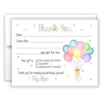 Rainbow Balloons Thank You Note Card Stationery • Fill in Blank, Lined or Blank Cards