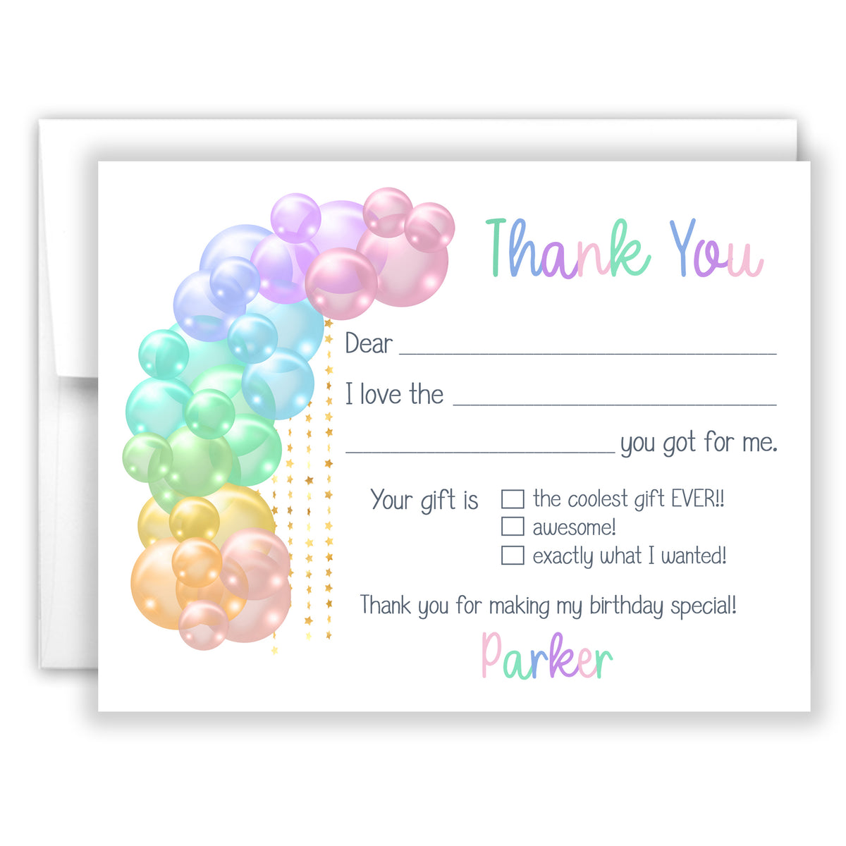 Rainbow Balloons Thank You Note Card Personalized Custom Stationery • Fill in Blank, Lined or Blank Cards
