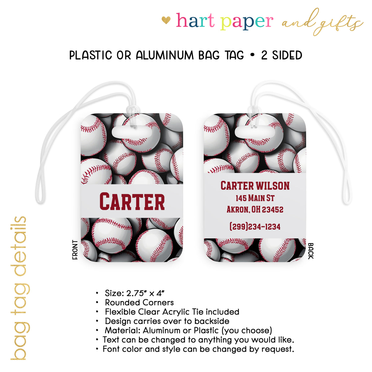 Baseball Sports Luggage Bag Tag Personalized Custom - Hart Paper