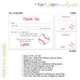 Baseball Thank You Note Card Stationery • Fill in Blank, Lined or Blank Cards
