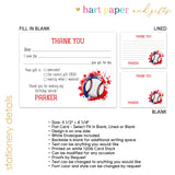Baseball Thank You Note Card Stationery • Fill in Blank, Lined or Blank Cards