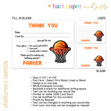 Basketball Thank You Note Card Stationery • Fill in Blank, Lined or Blank Cards
