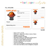 Basketball Sports Summer Camp Camping Note Cards Stationery • Fill in Blank, Lined or Blank Cards