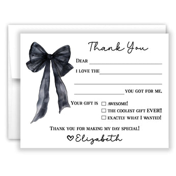 Black Bow Coquette Thank You Note Card Stationery • Fill in Blank, Lined or Blank Cards