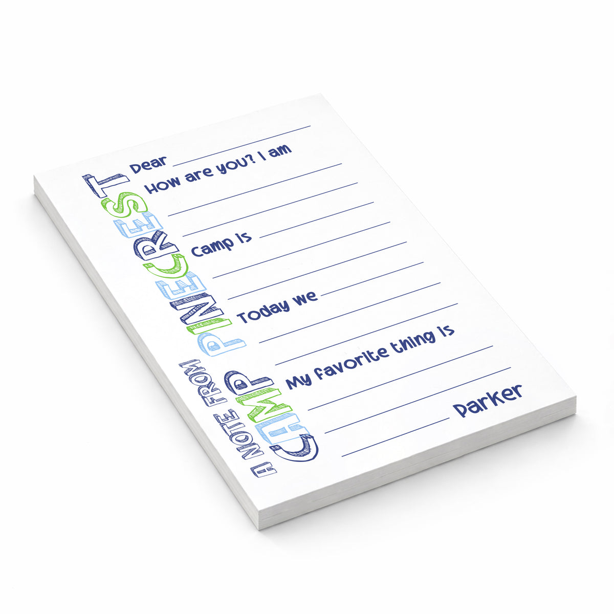 Blue Green Rainbow Camp News Notepad Personalized Camping Summer Scout Note Stationery Custom • Fill in Blank, Lined or Blank • Care Package Gift Girl Boy
