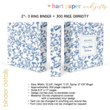 Blue Chinoiserie Flowers Personalized 2" 3 Ring Recipe Book Binder