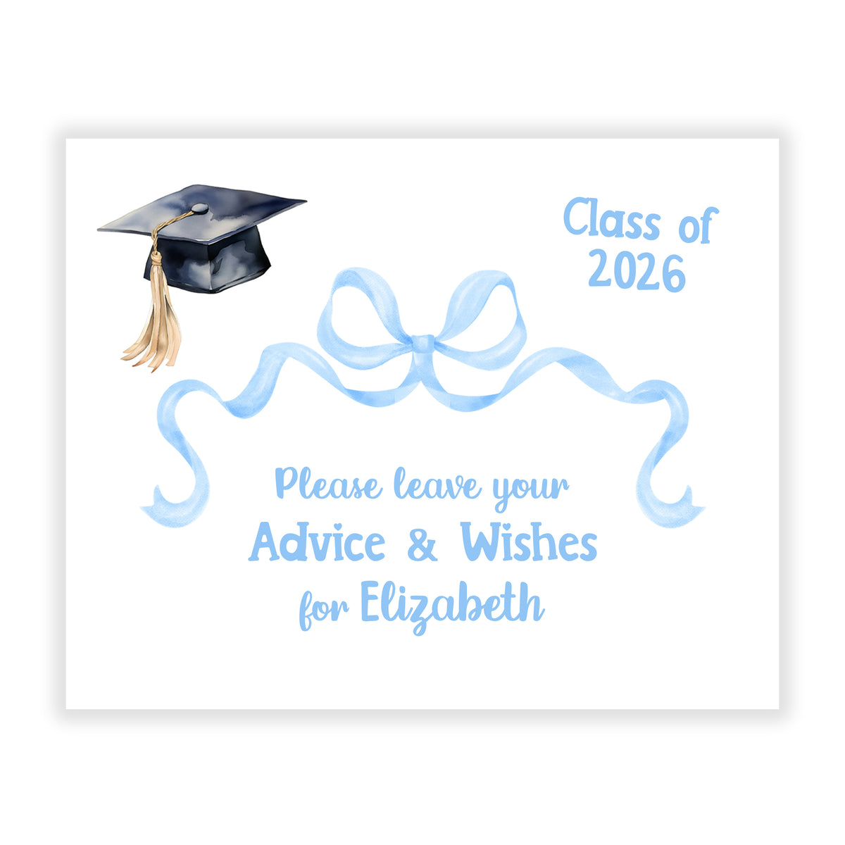 Blue Coquette Bow Sign for Graduation Party Advice Wish Wishes Cards Personalized • Stationery Custom Printed Open House Decorations Graduate Decor