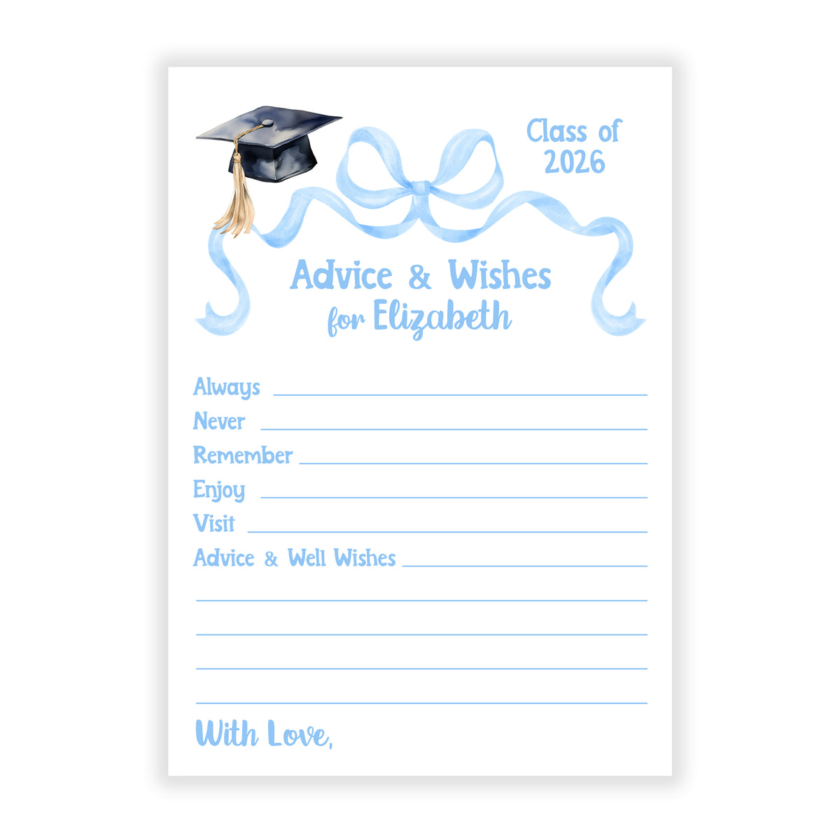 Blue Coquette Bow Graduation Party Advice Wish Wishes Cards Personalized Flat Stationery Custom Printed Party Open House Decorations Graduate Decor