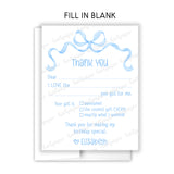 Blue Bow Coquette Thank You Note Card Stationery • Fill in Blank, Lined or Blank Cards