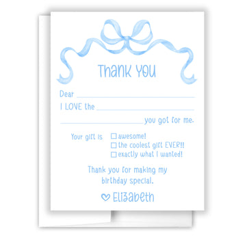 Blue Bow Coquette Thank You Note Card Stationery • Fill in Blank, Lined or Blank Cards