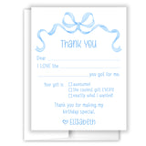 Blue Bow Coquette Thank You Note Card Stationery • Fill in Blank, Lined or Blank Cards