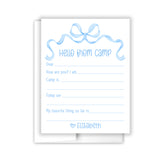 Blue Bow Coquette Summer Camp Camping Note Cards Stationery • Fill in Blank, Lined or Blank Cards