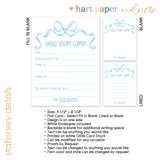 Blue Bow Coquette Summer Camp Camping Note Cards Stationery • Fill in Blank, Lined or Blank Cards