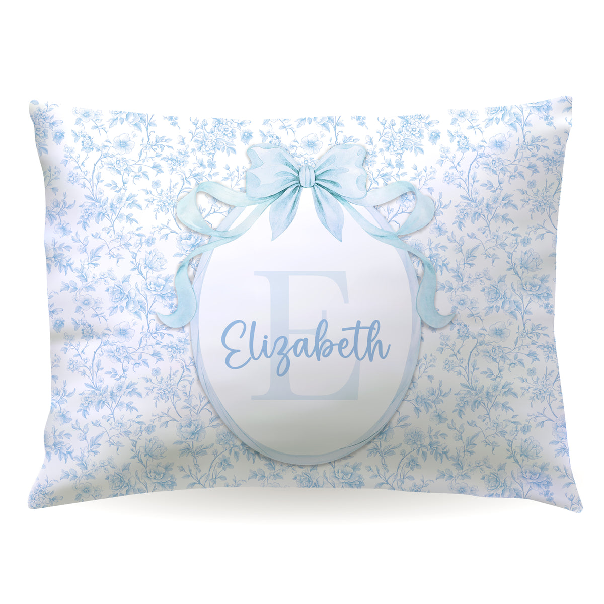 Blue Toile Coquette Bow Chinoiserie Flowers Personalized Custom Pillowcase • Standard or Toddler Size