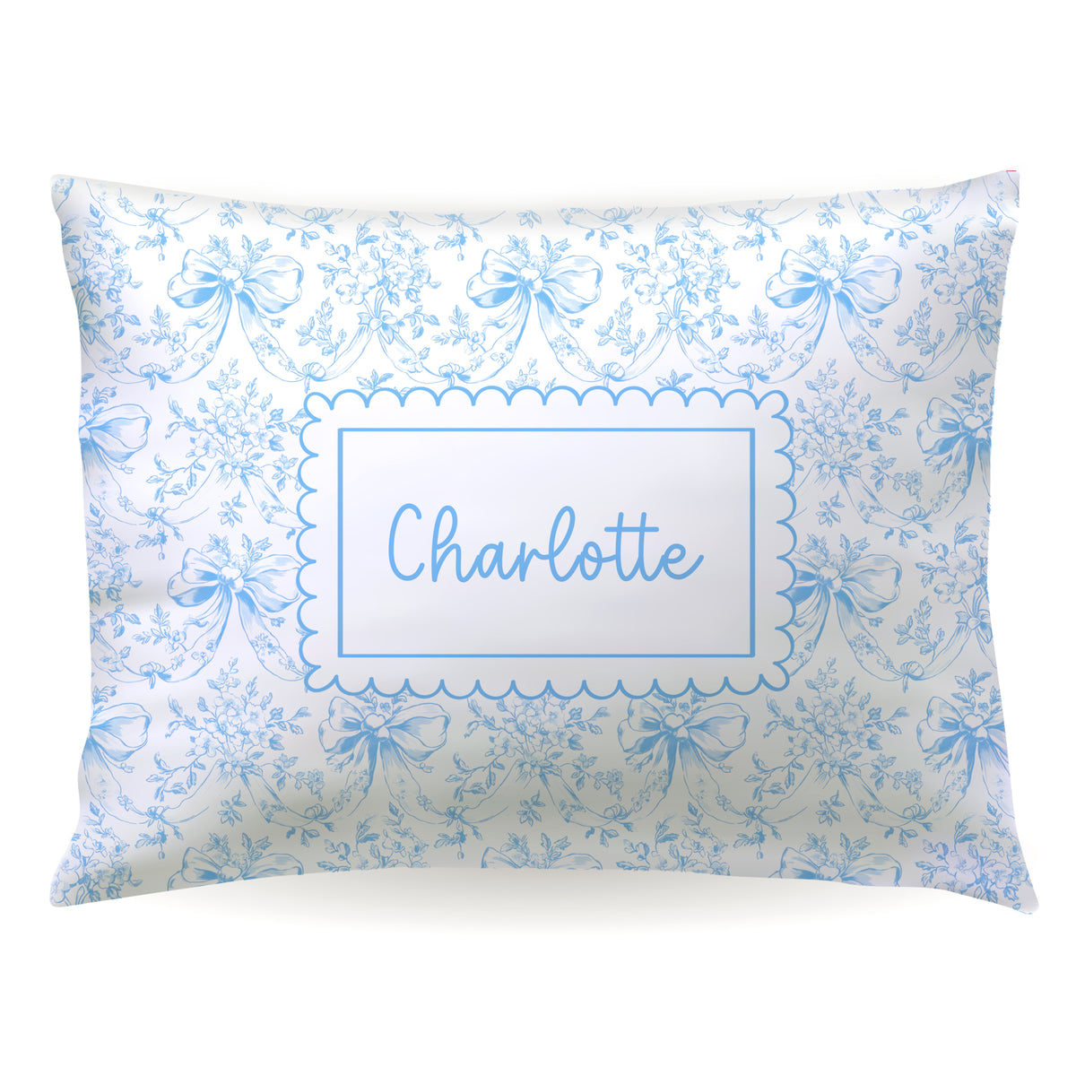 Blue Toile Coquette Bow Chinoiserie Flowers Personalized Custom Pillowcase • Standard or Toddler Size