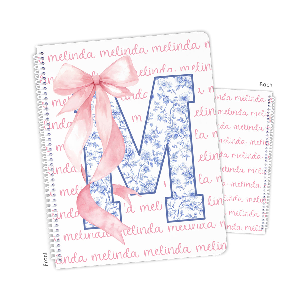 Pink Blue Toile Coquette Bow Chinoiserie Flowers Personalized Custom Notebook or Sketchbook • School Office Supplies