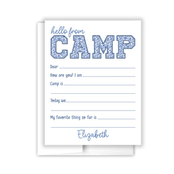 Blue Chinoiserie Hello Camp Summer Camping Note Cards Stationery • Fill in Blank, Lined or Blank Cards