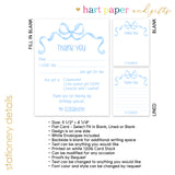 Blue Bow Coquette Thank You Note Card Stationery • Fill in Blank, Lined or Blank Cards