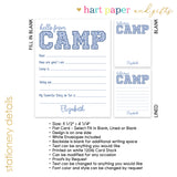 Blue Chinoiserie Hello Camp Summer Camping Note Cards Stationery • Fill in Blank, Lined or Blank Cards